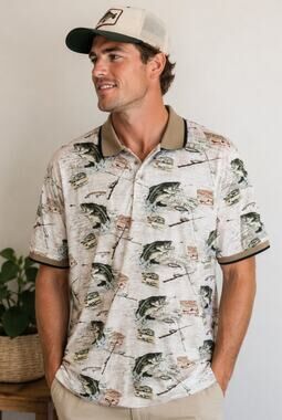 American Summer Polo Shirt Mens XL White  AOP Bass Fishing Print Casual Grandpa